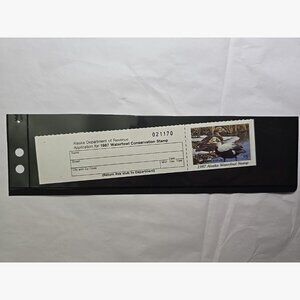 Vintage 1987 Alaska Waterfowl Hunting Stamp, $5 Conservation w/ attached Stub